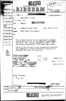 ARGENTINE CIVIL WAR 1969-1979: Documento del Departamento del Estado sobre 9500 casos de violación de DDHH de los cuales la mayoría fueron desparecidos (8.800 muertos)