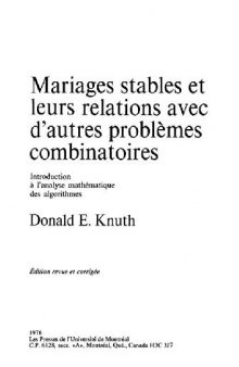 Mariages stables, relations avec problemes combinatoires