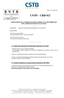 COMPTE RENDU DE LA REUNION DE DEPOUILLEMENT DU 12 SEPTEMBRE 2007 SUR L’ANNEXE NATIONALE DE L’EN 1998-3