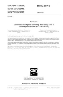Geotechnical investigation and testing - Field testing - Part 3: Standard penetration test (ISO 22476-3:2005)