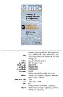 Performance, Service Life Prediction, and Sustainable Construction (Durablility of Building Materials&Components 8, Volume 3)