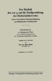 Der Einfluß des cos φ auf die Tarifgestaltung der Elektrizitätswerke unter besonderer Berücksichtigung großstädtischer Verhältnisse