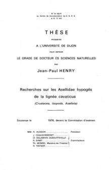 Recherches sur les Asellidae hypogés de la lignée cavaticus (Crustacea, Isopoda, Asellota)