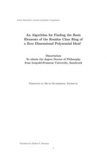 An Algorithm for Finding the Basis Elements of the Residue Class Ring of a Zero Dimensional Polynomial Ideal [PhD diss.]