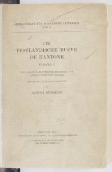 Der festländische Bueve de Hantone, Fassung I, nach allen Handschriften mit Einleitung, Anmerkungen und Glossar