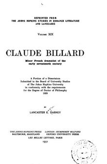 Claude Billard: Minor French Dramatist of the Early Seventeenth Century