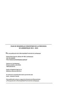 Plan de Desarrollo Concertado de la Provincia de Lambayeque 2011-2021. Por un desarrollo para todos y todas