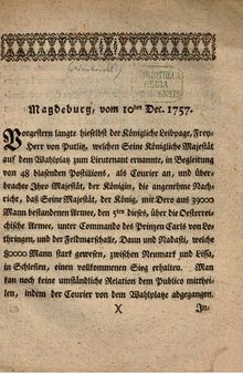 Nachricht von dem Siege des Königs von Preußen am 5. Dezember 1757 [Schlacht bei Leuthen]