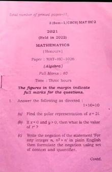 Gauhati University B Sc mathematics first sem algebra question paper 2021 (MAT-HC-1026)