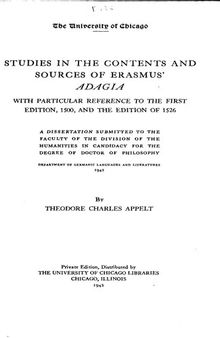 Studies in the Contents and Sources of Erasmus' Adagia: With Particular Reference to the First Edition, 1500, and the Edition of 1526 ...