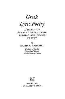 Greek Lyric Poetry. A Selection of Early Greek Lyric, Elegiac and Iambic Poetry