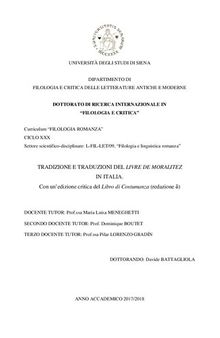 Tradizione e traduzioni del Livre de Moralitez in Italia. Con un'edizione critica del Libro di Costumanza (redazione delta)