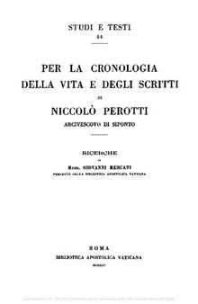 Per la cronologia della vita e degli scritti di Niccolò Perotti arcivescovo di Siponto