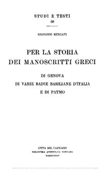 Per la storia dei manoscritti greci di Genova, di varie badie basiliane d'Italia e di Patmo