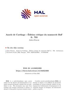 Anseïs de Carthage - Édition critique du manuscrit BnF fr. 793