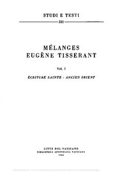 Mélanges Eugène Tisserant. Écriture Sainte-Ancien Orient