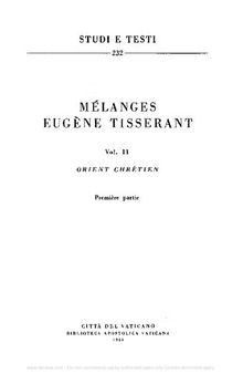 Mélanges Eugène Tisserant. Orient Chrétien. Première partie