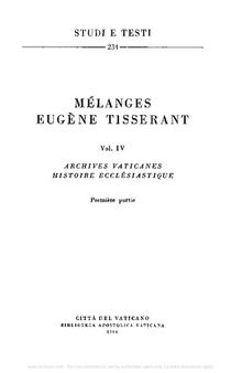 Mélanges Eugène Tisserant. Archives vaticanes. Histoire ecclésiastique. Première partie