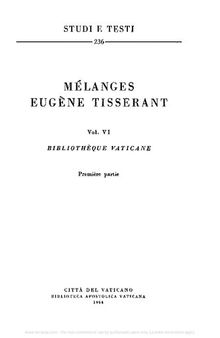 Mélanges Eugène Tisserant. Bibliothèque Vaticane. Première partie