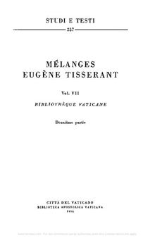Mélanges Eugène Tisserant. Bibliothèque Vaticane. Deuxième partie