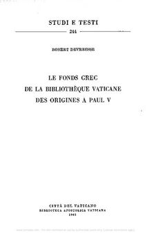 Le fonds grec de la Bibliothèque Vaticane des origines à Paul V