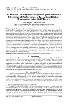 To Study the Role of Quality Management System to Improve Effectiveness of Quality Culture in International Relations Department at University Of Karachi