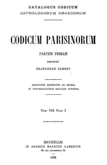 Catalogus Codicum Astrologorum Graecorum 8 : Codices Parisini, Teil 1