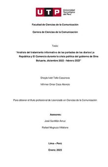 Análisis del tratamiento informativo de las portadas de los diarios La República y El Comercio durante la crisis política del gobierno de Dina Boluarte, diciembre 2022 - febrero 2023