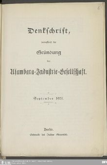 Denschrift, betreffend die Gründung der Usambara-Industrie-Gesellschaft. September 1901