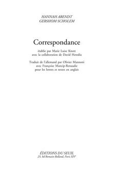 Correspondance. Hannah Arendt et Gershom Scholem