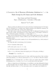 A Presentation: On A Theorem of Frobenius: Solutions to x^n = 1 in Finite Groups by I.M. Isaacs and G.R. Robinson