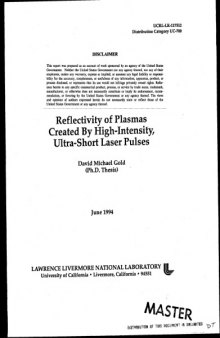 Reflectivity of Plasmas Created by High-Inten, Untrashort Laser Pulses [thesis]