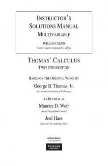 Instructor's Solutions Manual for Thomas' Calculus, Multivariable, Twelfth Edition vol 2