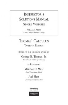 Instructor's Solutions Manual, Single Variable  for  Thomas' Calculus, Twelfth Edition vol 1