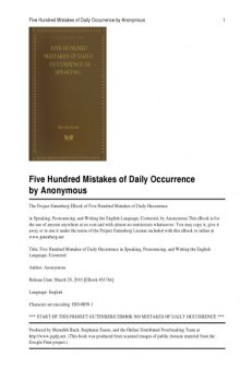 Five Hundred Mistakes of Daily Occurrence in Speaking: Pronouncing, and Writing the English Language, Corrected