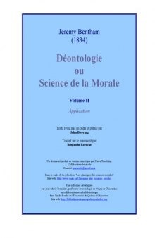 Déontologie, ou Science de la morale Tome II - Application
