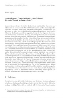 Atmosphären – Transmissionen – Interaktionen: Zu einer Theorie sozialer Affekte, in: Soziale Systeme Zeitschrift für soziologische Theorie