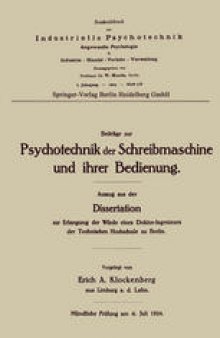 Beiträge zur Psychotechnik der Schreibmaschine und ihrer Bedienung