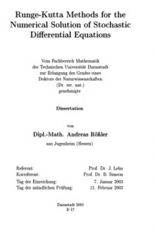 Runge-Kutta Methods for the Numerical Solution of Stochastic Differential Equations (Berichte Aus Der Mathematik)