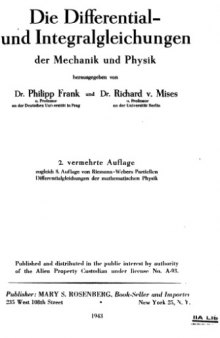 Die Differential und IntegralGleichungen der Mechanik und Physik. volume 1, Second Edition