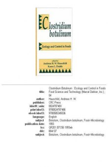 Clostridium Botulinum Ecology & Control in Foods (Food Science and Technology)