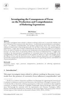 International Review of Pragmatics Investigating the Consequences of Focus on the Production and Comprehension of Referring Expressions