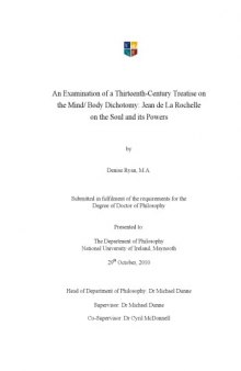 An examination of a Thirteenth-Century Treatise on the Mind Body Dichotomy: Jean de La Rochelle on the Soul and its Powers 