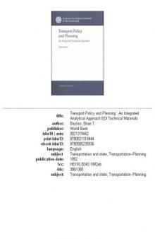 Transport policy and planning: an integrated analytical approach, Volume 68