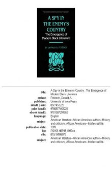 A Spy in the Enemy's Country: The Emergence of Modern Black Literature