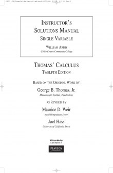 Instructor's Solutions Manual, Single Variable [For] Thomas' Calculus, Twelfth Edition, Based on the Original Work