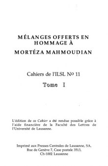 Cahiers de l’ ILSL n° 11 : Mélanges offerts en hommage à Mortéza Mahmoudian. Tome I