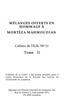 Cahiers de l’ ILSL n° 11 : Mélanges offerts en hommage à Mortéza Mahmoudian. Tome II