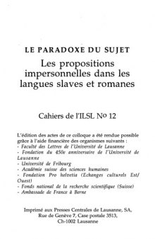 Cahiers de l’ ILSL n° 12 : Le paradoxe du sujet : Les propositions impersonnelles dans les langues slaves et romanes