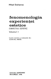 Fenomenologia experientei estetice, vol. 1